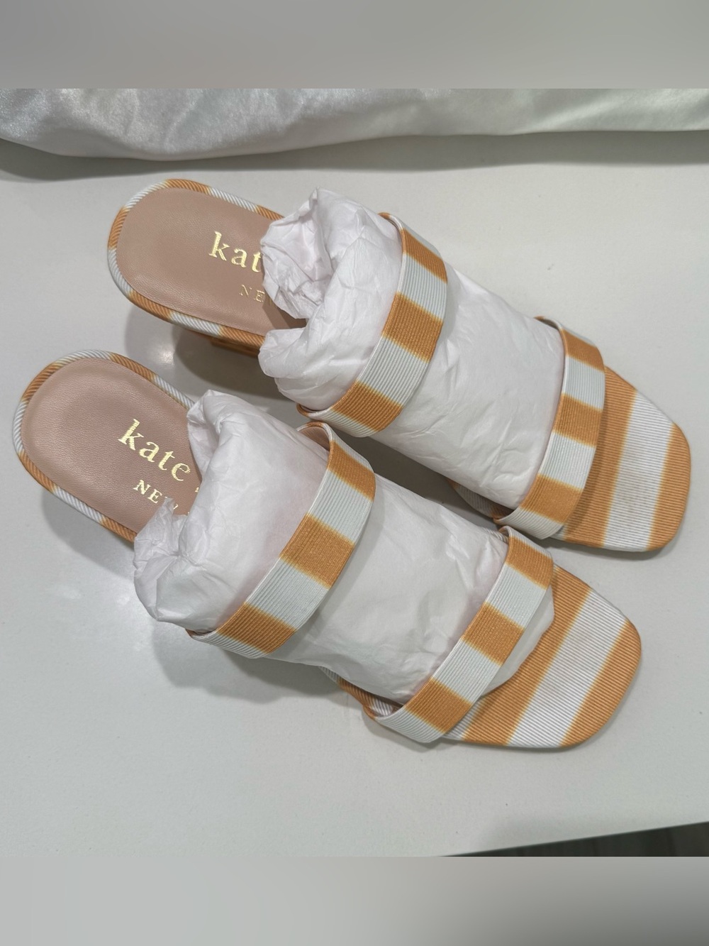 Kate Spade Yellow and White Striped Sandals with LEMON clear heel. - Picture 6 of 6